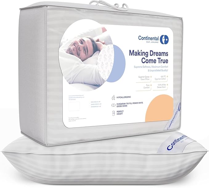 Continental Bedding | Serenity Goose Down Pillow | 700 Fill Power Hungarian White Down | 400TC Cotton Damask Shell | Made in USA | Standard, Medium with Protector