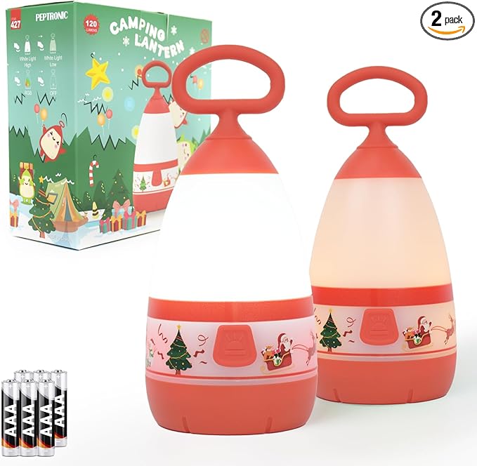 Kids Camping Lantern with Christmas Santa Sleigh Battery Powered (3×AAA Included), 3 Mode Eye Prptecting Night Light, IPX4 Waterproof Silicone Handle Tent Light for Children Gifts (2-Pack)