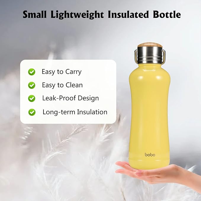 YOHKOH Mini Insulated Water Bottle With Bamboo Lid - 11.8oz Small Vacuum Insulated Water Bottle for Women Kids, 12 Hrs Hot & 24 Hrs Cold Stainless Steel Thermos Leak-Proof BPA-Free (11.8oz,Yellow)