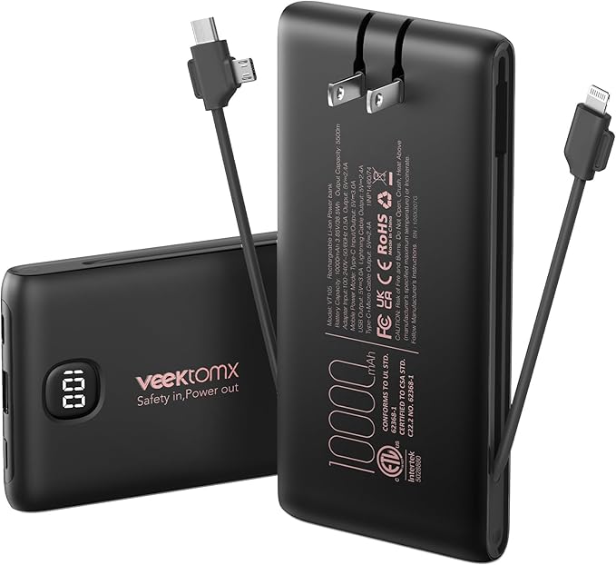 Portable Charger Power Bank Built in Cables and Wall Plug, 10000mAh iPhone Battery Pack Fast Charging, USB C External Slim Power Bank, Travel Essentials Compatible with iPhone 17 16 15 14 iPad, Black