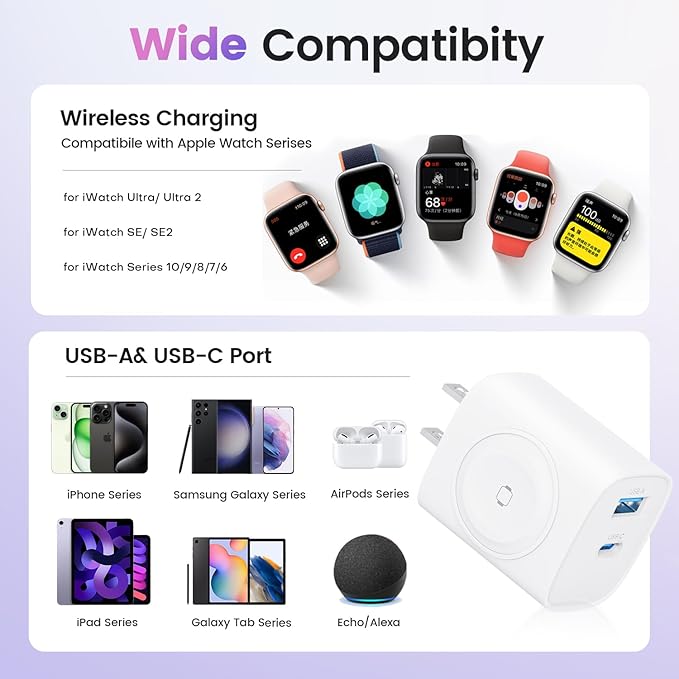 TOPADRE PD 20W USB C Charger Block for Apple Watch,3-in-1 Charging Station with Built-in Wireless Charger, Dual Ports Compatible with Apple Watch, iPhone, AirPods, White