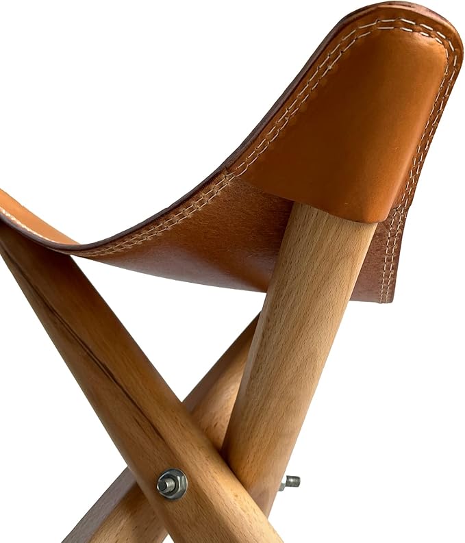 Leather Stool, Portable Beech Wood Artist Folding Stool, Italian Top Vegetable Tanned Leather Seat, Home Fashion Genuine Leather Director’s Stool for Home Outdoor Camping Fishing (Three Leg)