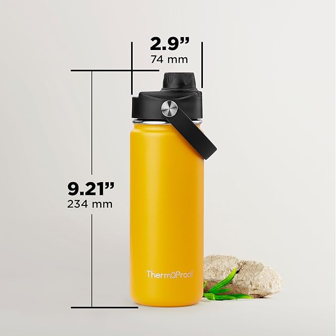ThermoProof Insulated Water Bottle – Stainless Steel, Wide Mouth, Flip & Spout Lids, Leakproof, Dishwasher Safe, Reusable – Keeps Drinks Hot or Cold – for Adults & Kids – 18oz, Amber