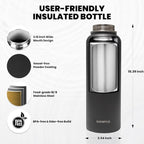 Insulated Water Bottle 40 oz, Triple Wall Vacuum Stainless Steel (Cold for 48 Hrs), Leak Proof & Non-BPA, Modern Water Flask Jug with Paracord Handle & Straw Spout Lids, Magic Black