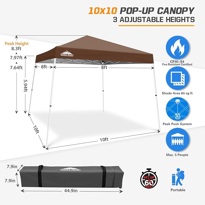 EAGLE PEAK 10x10 Slant Leg Pop-up Canopy Tent Easy One Person Setup Instant Outdoor Beach Canopy Folding Portable Sports Shelter 10x10 Base 8x8 Top (Dark Brown)
