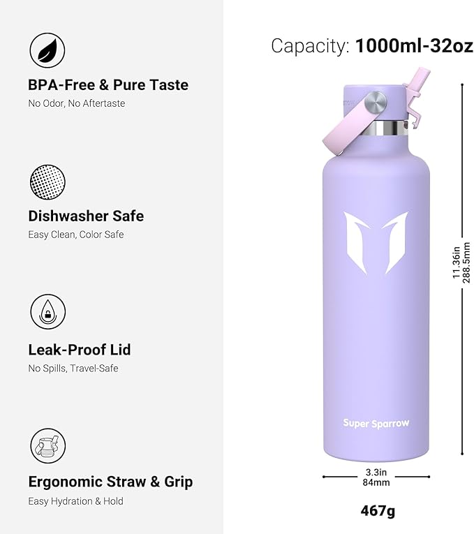 Super Sparrow Insulated Water Bottle - 17 Oz / 25 Oz / 32 Oz - Standard Mouth FlipFlow Flask - BPA Free, Leak Proof Drink Bottle- Ergonomic Straw Water Bottles for Work, Gym, Travel, Sports