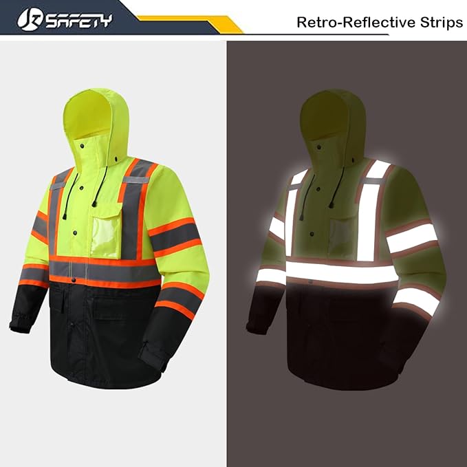JKSafety Hi-Vis Reflective Safety Rain Jacket for Men Women Waterproof Rain Gears for Farming Fishing Work HV Rain Jacket with Inner Mesh Lining and Pockets (117A-YBlk XXL)