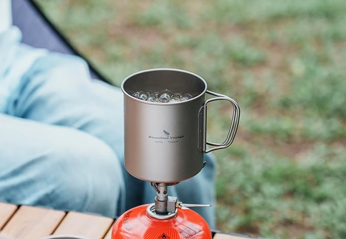 iBasingo 450ml Titanium Mug with Lid Tea Coffee Water Cup Outdoor Camping Pot Ultra-light Portable Hiking Backpacking Cooking Kit Picnic Tableware Drinkware with Foldable Handle Ti3035D