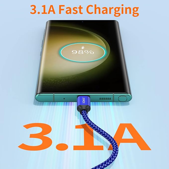 JXMOX Short USB C Cable (1ft 3-Pack), USB A to Type-C Charger Cord 3.1A Fast Charging Compatible with iPhone 15 16 Pro Max, Samsung Galaxy S22 S21 S20 S10 S9, Note 10, A80 A70 A50, Power Bank (Blue)