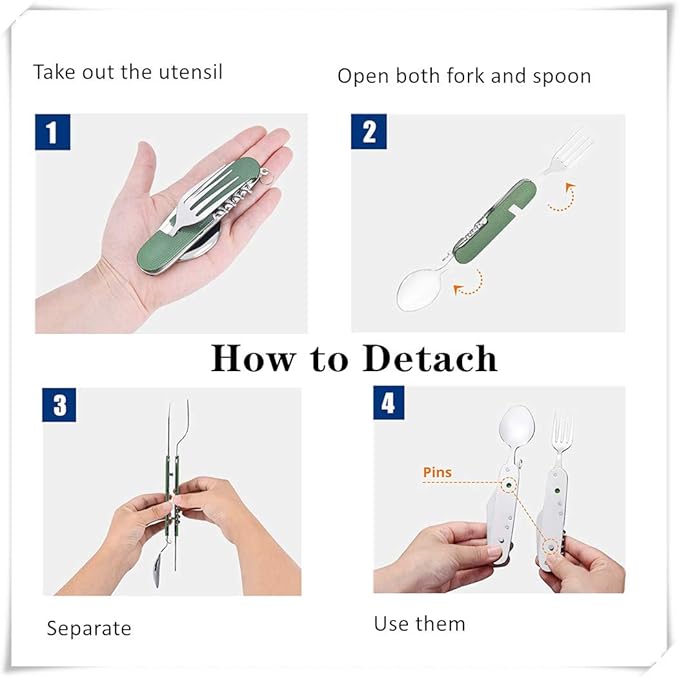 6-in-1 Multi-Function Camping Utensil Flatware Set Detachable Spoon Fork Knife Combo Mess Kit with Carrying Pouch (Black + Green)