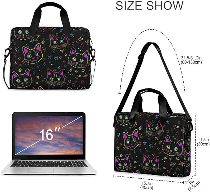 Neon Cat Print Laptop Case 15.6 inch Computer Bag Waterproof Laptop Briefcase Laptop Bag for Women & Men