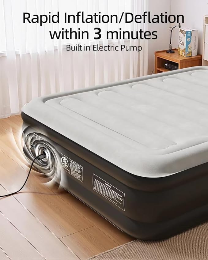 CHILLSUN 2025 Upgraded Queen Air Mattress with Built in Pump, 3 Mins Quick Self-Inflation Blow Up Mattress, 18" Luxury Flocked Top Inflatable Mattress, Airbed for Camping Guests and Home