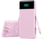 YHO Portable Charger 13800mAh for iPhone with Built-in Cables & AC Wall Plug,5-in-1 USB-C Power Bank,LCD Display External Battery Pack Phone Charger Compatible with iPhone 16/15/14,Android (Pink)