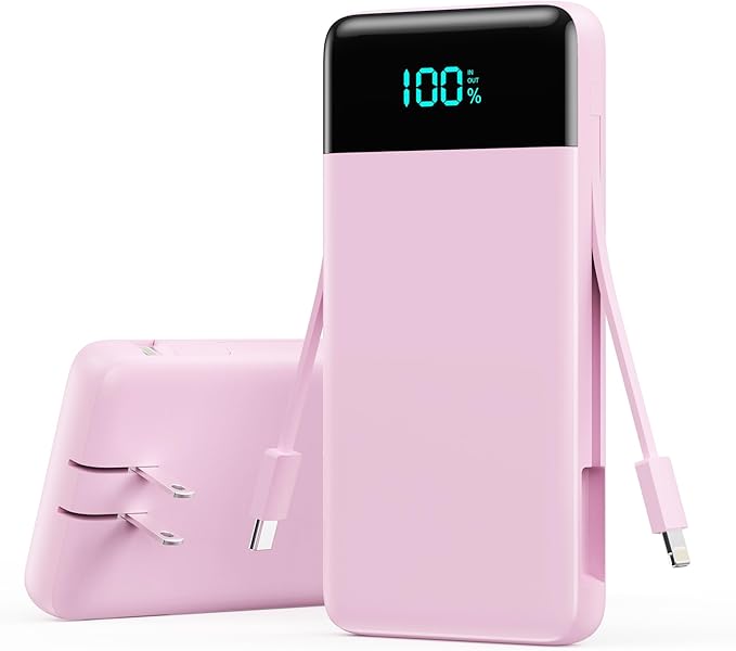YHO Portable Charger 13800mAh for iPhone with Built-in Cables & AC Wall Plug,5-in-1 USB-C Power Bank,LCD Display External Battery Pack Phone Charger Compatible with iPhone 16/15/14,Android (Pink)