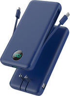 Portable Charger 13800mAh Slim USB C Power Bank with Built in Cables and Wall Plug,LCD Display Lightweight Travel Battery Pack,PD Fast Charging Compatible with iPhone 15,14,Samsung Android-Navy