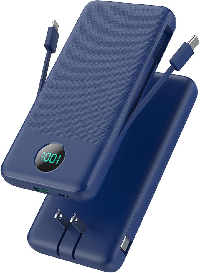 Portable Charger 13800mAh Slim USB C Power Bank with Built in Cables and Wall Plug,LCD Display Lightweight Travel Battery Pack,PD Fast Charging Compatible with iPhone 15,14,Samsung Android-Navy