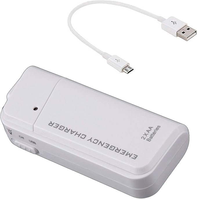 VOLT+ Portable AA Battery Travel Charger Compatible with Xiaomi Redmi 10A and Emergency Re-Charger with LED Light! (Takes 2 AA Batteries,MicroUSB) [White]