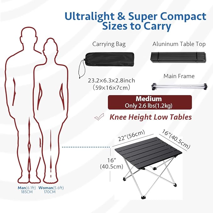 Grope Portable Camping Table with Aluminum Table Top, Folding Beach Table Easy to Carry, Prefect for Outdoor, Picnic, BBQ, Cooking, Festival, Beach, Home Use (Black-M)