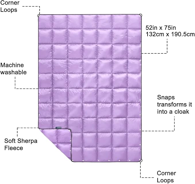 zzlamb Camping Blanket, Outdoor Lightweight Travel Blanket Puffy Portable Down Alternative, Windproof Warm Cloak with Snaps, Cozy Quilt Backpacking Picnic RV Plane Car Hammock Beach Climbing