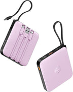 VRURC Portable Charger with Built-in Cable, 10000mAh Power Bank, 22.5W/PD20W Fast Charging USB C Battery Pack for iPhone 16 15 14 Samsung Galaxy S25 S24 S23 S22 Android Airpods, Purple(1 Pack)