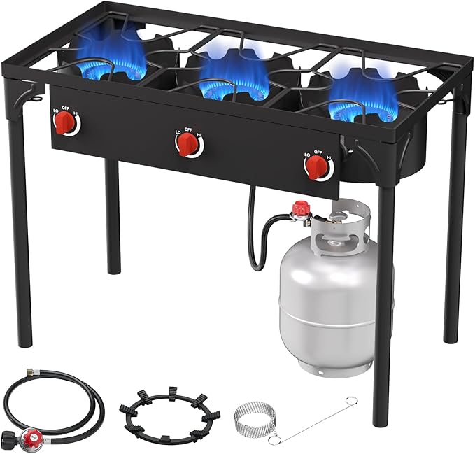 High Pressure Propane Burner, 3 Burner Camping Stove with Detachable Legs, 225,000 BTU Propane Gas Stove Burner with 0-20 PSI Regulator for Camping, Tailgating, Backyard, Outdoor Cooking