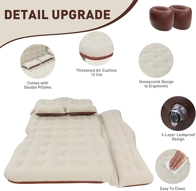 ISWEES Car Bed SUV Air Mattress, Car Air Mattress with Electric Pump, 2 Inflatable Pillows and 2 Footrests for Back Seat, Side Seat,Trunk Sleeping, Thickened Camping Bed - Brown