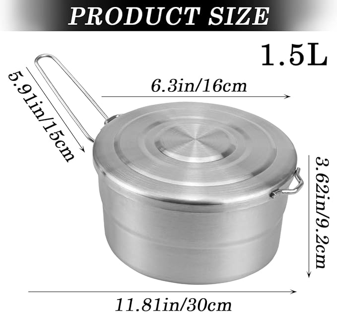 DOERDO Stainless Steel Camping Cook Pot with Lid and Folding Handle, 1.5L Camping Cookware Large Capacity Bento Pot for Outdoor Hiking Picnic