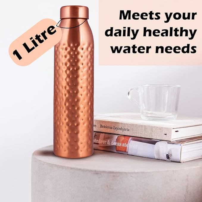 NORMAN JR, Hammered-1 Plain-1 Blue Printed-1, Copper Water Bottle 1 LTR Extra Large-an Ayurvedic Pure Premium Copper Vessel, Lower Your Sugar Intake and Enjoy The Health Benefits - Gift Pack of 3