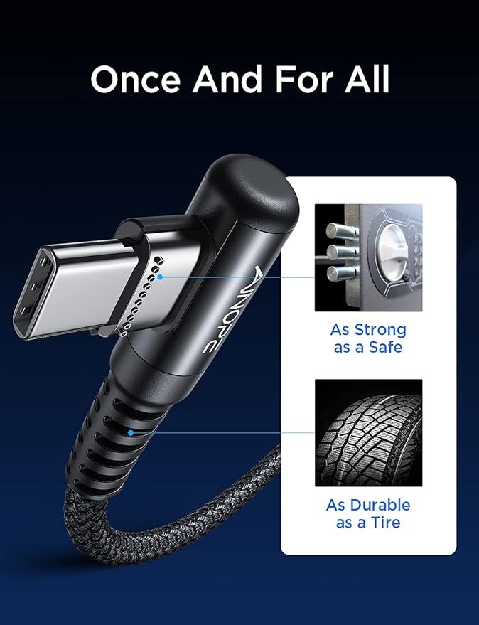 AINOPE USB C Cable 60W 2-Pack 6.6ft Nylon Braided USB C to USB C Cable Type C Charger Fast Charging Right Angle USBC Cable Charger Cord for iPhone 16 Pro Max 15 Plus Samsung S24 S23 iPad Pro Black