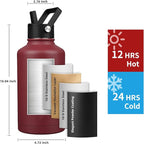 Insulated Water Bottle 64oz,Triple Wall Vacuum Stainless Steel(Dishwasher Safe),Leak Proof & Non-BPA,Flask Jug with Paracord Handle & Straw Spout Lids Sports Red