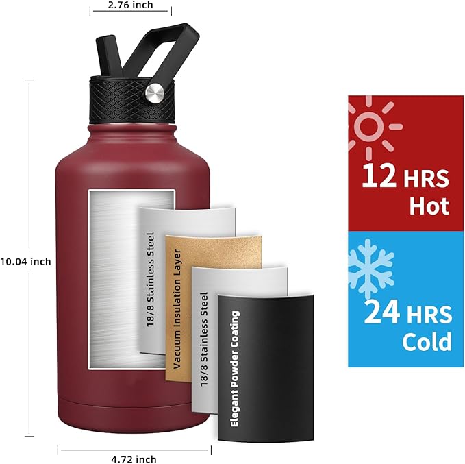 Insulated Water Bottle 64oz,Triple Wall Vacuum Stainless Steel(Dishwasher Safe),Leak Proof & Non-BPA,Flask Jug with Paracord Handle & Straw Spout Lids Sports Red