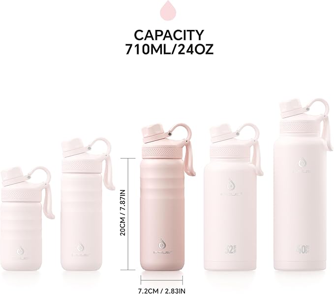 IDEUS Insulated Stainless Steel Water Bottle with 2 Leak-Proof Lids, Thermal Water Flask for Hiking Biking, 24oz, Light Pink