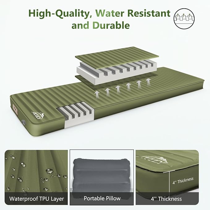 Self Inflating Sleeping Pad with Electric Pump, 4" Ultra-Thick Memory Foam Camping Pad with Pillow, 9.5 R-Value Insulated Camping Mattress, Army Yellow