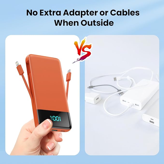 Portable Charger 13800mAh for iPhone with Built-in Cables & AC Wall Plug,5-in-1 USB-C Power Bank,LCD Display External Battery Pack Phone Charger Compatible with iPhone 16/15/14/13,Android (Orange)