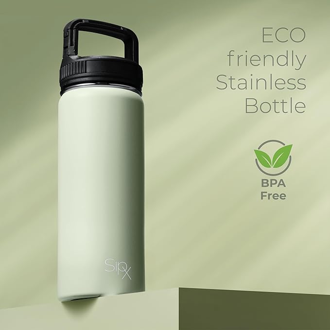 SipX™ Triple-Insulated Stainless Steel Water Bottle 18oz. With 3 Lids, BPA-Free Reusable Insulated Water Bottle Keeps Cold 24 Hours, (Green)