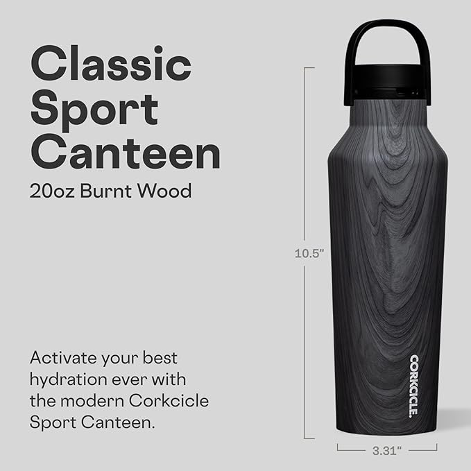 Corkcicle Sport Canteen - Keeps Drinks Cold 25 Hours - Stainless Steel Water Bottle - Triple-Insulated - Spill-Proof - Summer Drinkware Gift - Keeps Drinks Ice Cold - 20 oz - Burnt Wood