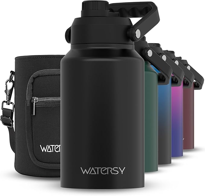 WATERSY 2/3 Gallon Water Bottle Insulated(Cold for 48 Hrs),BPA Free&Leak Proof,87oz Stainless Steel Water Jug/Flask,Big thermo,Large Water Bottle with Handle for Gym,Hiking,Camping,Black