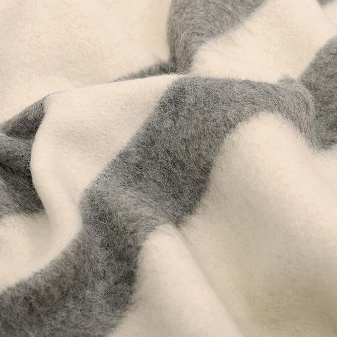 Thick Alpaca Wool Blanket Queen Size Heavyweight for Camping Outdoors or Using Indoors | Soft Peruvian Alpaca Wool Blankets (Ivory - Soft Gray Stripes, Queen)