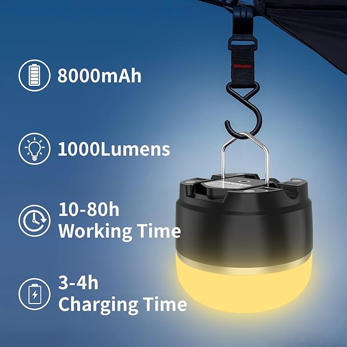 LED Camping Lantern Rechargeable, 1000LM Tent Light with 12 RGB Lighting Modes, 8000mAh Power Bank, Waterproof, Mini Flashlight with Magnetic Base for Emergency, Power Outages, Hiking, Home