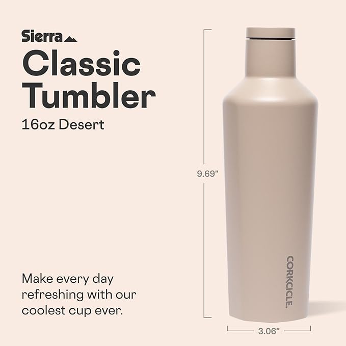 Corkcicle Classic Canteen - Keeps Drinks Cold for 25 Hours - Triple-Insulated Stainless Steel - Dishwasher Safe - Summer Drinkware Gift - Keeps Drinks Ice Cold - 16 oz - Desert