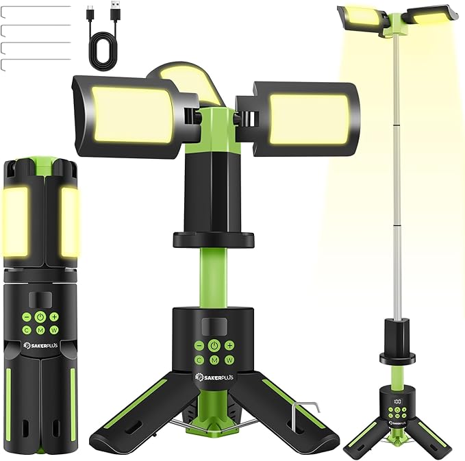 Portable Camping Lights with Stand, 5000LM Rechargeable LED Flashlight, 9 Color Modes, Collapsible Camping Lantern Tent Light with Magnetic Base for Power Outages, Camping & Emergency(Green)