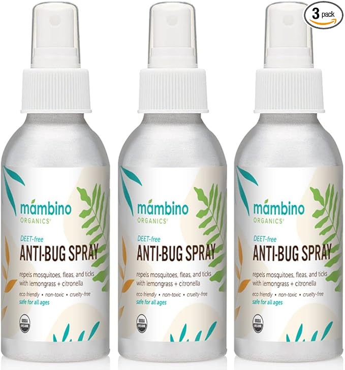 Anti-Bug Spray DEET-Free – Organic, All-Natural Bug Spray Travel Size with Essential Oils – Non-Toxic, Reef Safe, Face-Safe Bug Repellent for Babies, Kids, Adults by Mambino Organics, 2.7oz 3-Pack