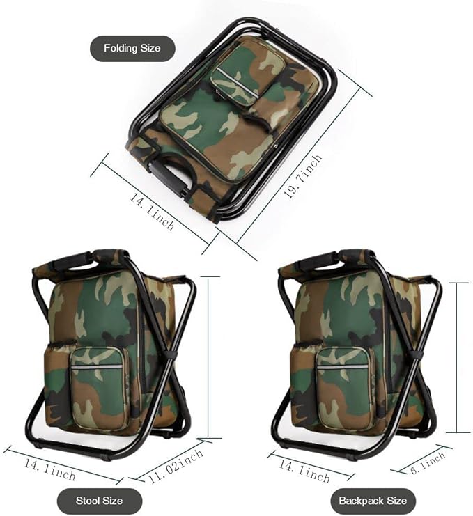 Portable Hiking Camouflage Camping Stool, Folding Camping Chair Stool Backpack with Cooler Insulated Picnic Bag