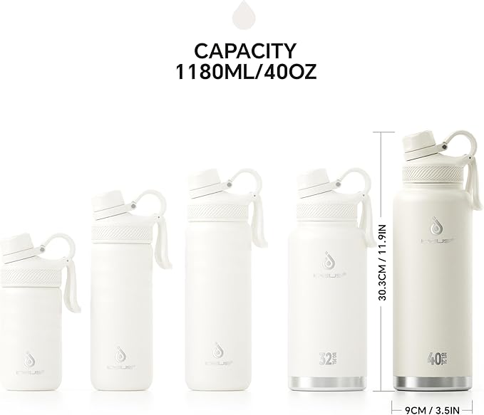 IDEUS Insulated Stainless Steel Water Bottle with 2 Leak-Proof Lids, Thermal Water Flask for Hiking Biking, 40oz, White