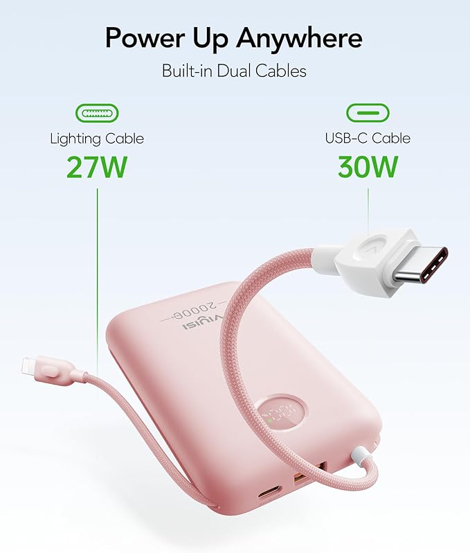 Power Bank 20000mAh 30W Fast Charging Portable Charger with Built-in Cables & LED Display, USB C Battery Pack for iPhone 16/15/14, Samsung, iPad and Android Phones, Ideal for Travel -Light Pink