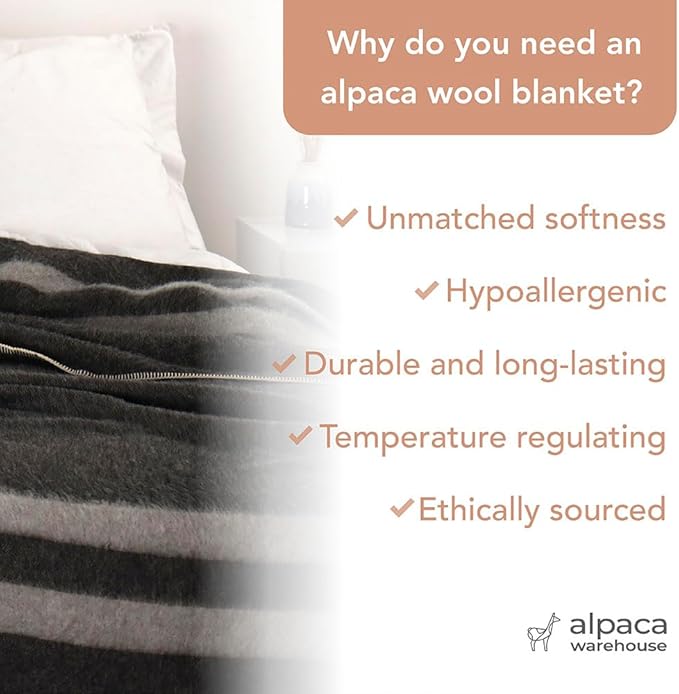 Thick Alpaca Wool Blanket Heavyweight for Camping Outdoors or Using Indoors | Soft Peruvian Alpaca Wool Blankets (Dark Gray -Soft Gray Stripes, Queen)