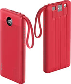 VRURC Portable Charger, 10000mAh Power Bank Built in Cables for iPhone, Slim Compact Travel Essentail, 5 Outputs 2 Inputs USB C Battery Pack for iPhone 16 15 14 13, Samsung, Android etc-Red