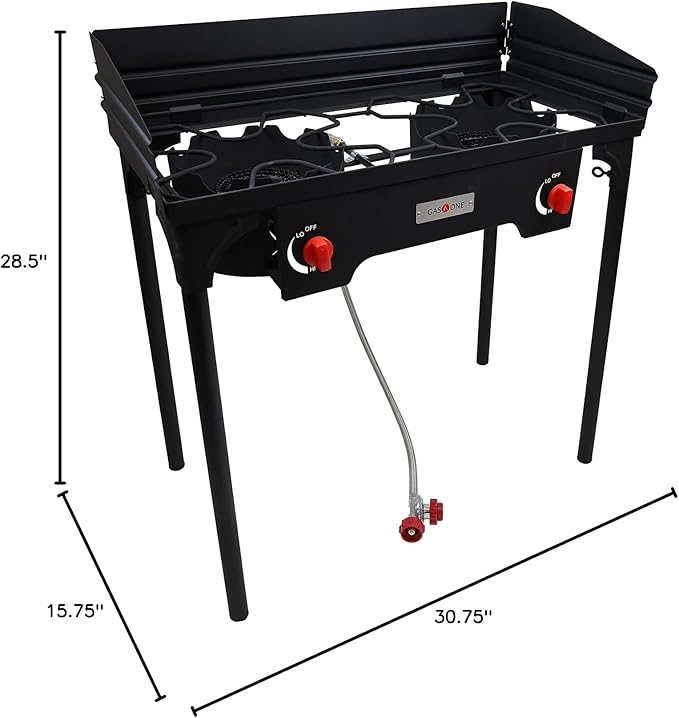 Gas One Propane Double Burner Two Burner Camp Stove with Windscreen Outdoor High Pressure Propane 2 Burner Adjustable PSI Regulator and 4ft Steel Braided Hose With Removable Legs