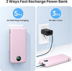 Portable Charger 13800mAh Slim USB C Power Bank with Built in Cables and Wall Plug,LCD Display Lightweight Travel Battery Pack,PD Fast Charging Compatible with iPhone 15,14,Samsung Android-Pink