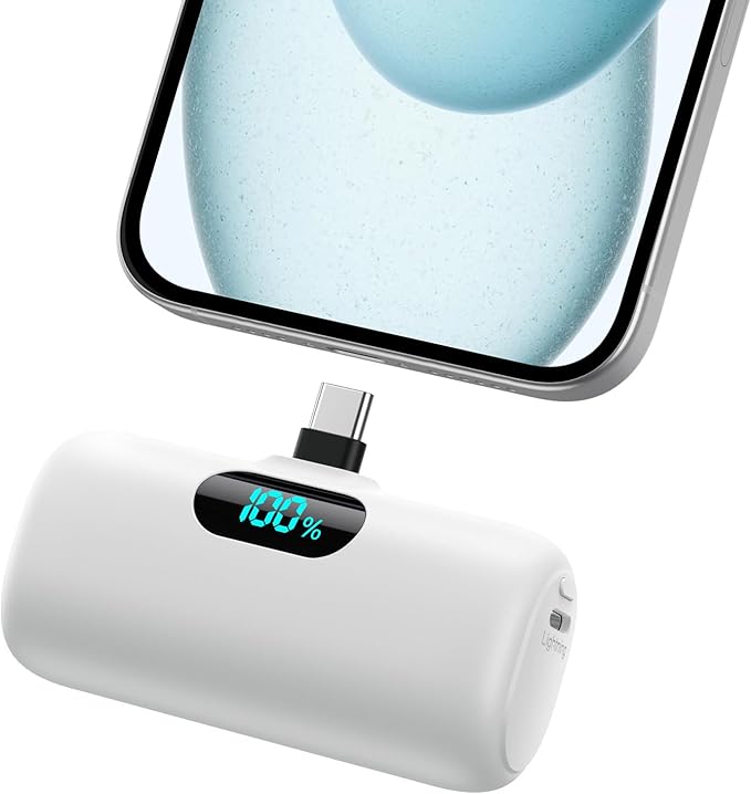 Mini Portable Charger USB C Power Bank,Upgraded 5000mAh PD Fast Charging Battery Pack Built-in USB-C Connector,LCD Display,Compatible with iPhone16,16 Plus,16Pro/Max/15,iPad Pro/Air (Cool White)